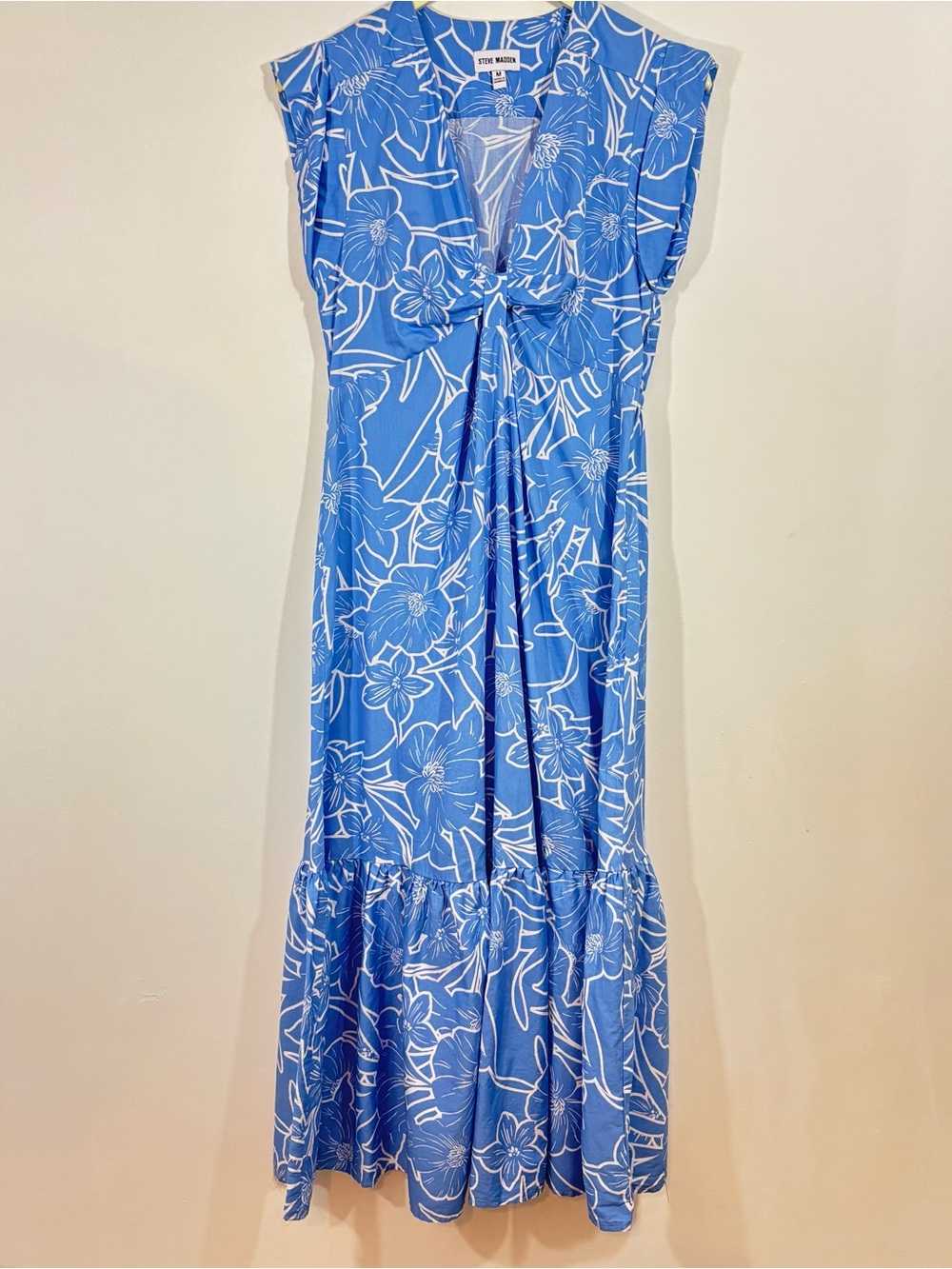 Steve Madden Sm M Blue Floral Tie-Front Maxi Ruffle Tiered Boho Dress